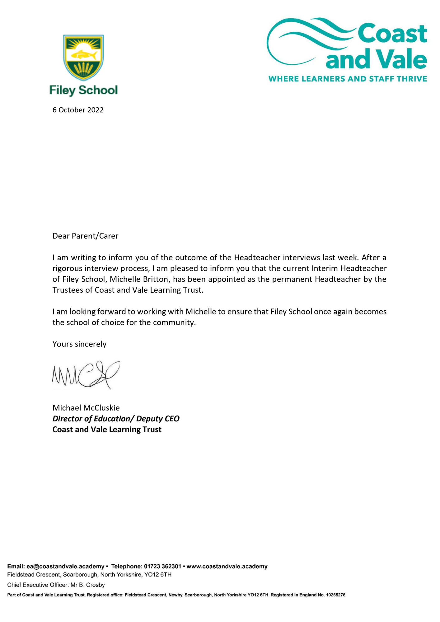 Headteacher Announcement Letter to Filey Parents 6.10.22