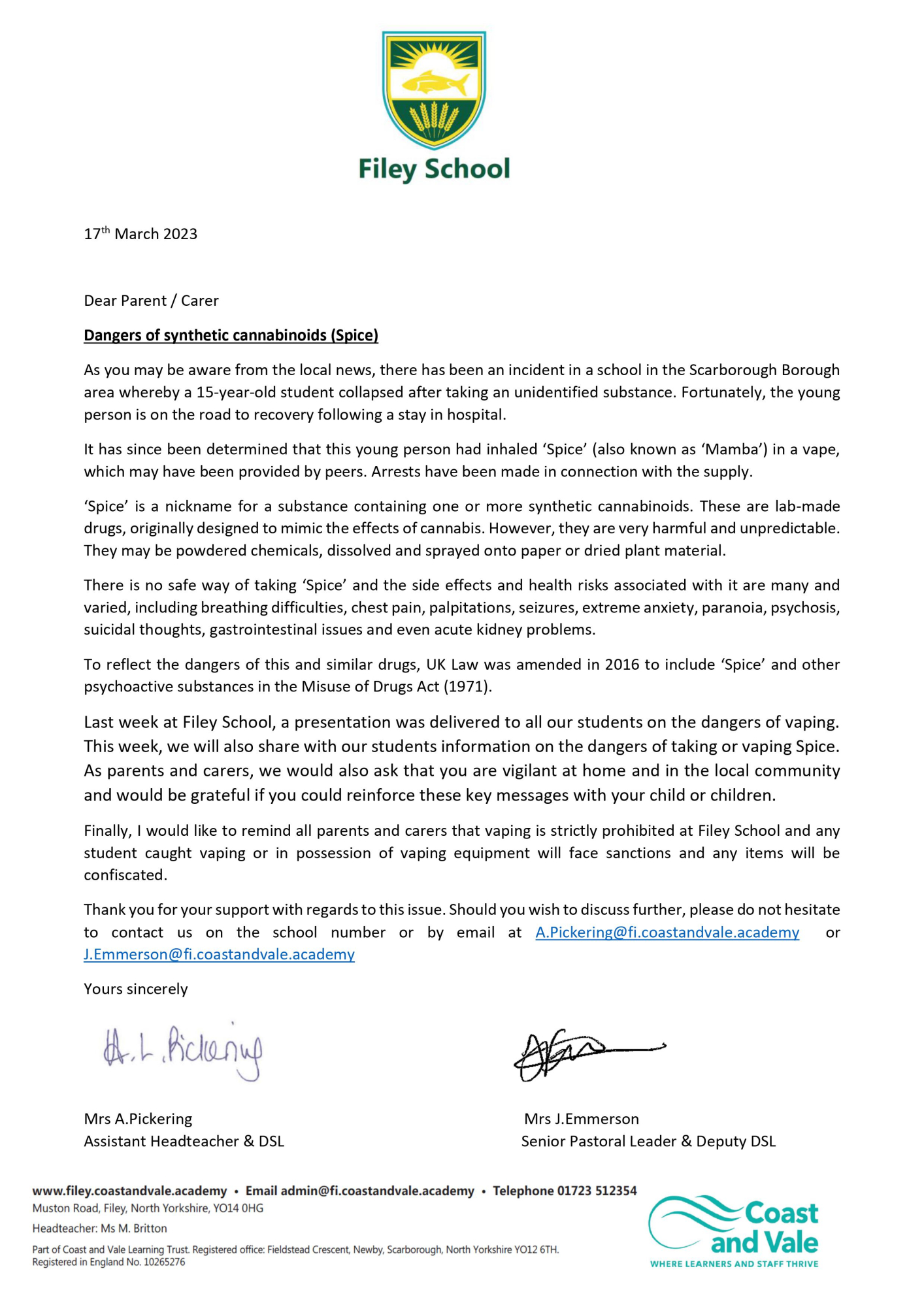 Safeguarding letter for Parents 17 -03-23