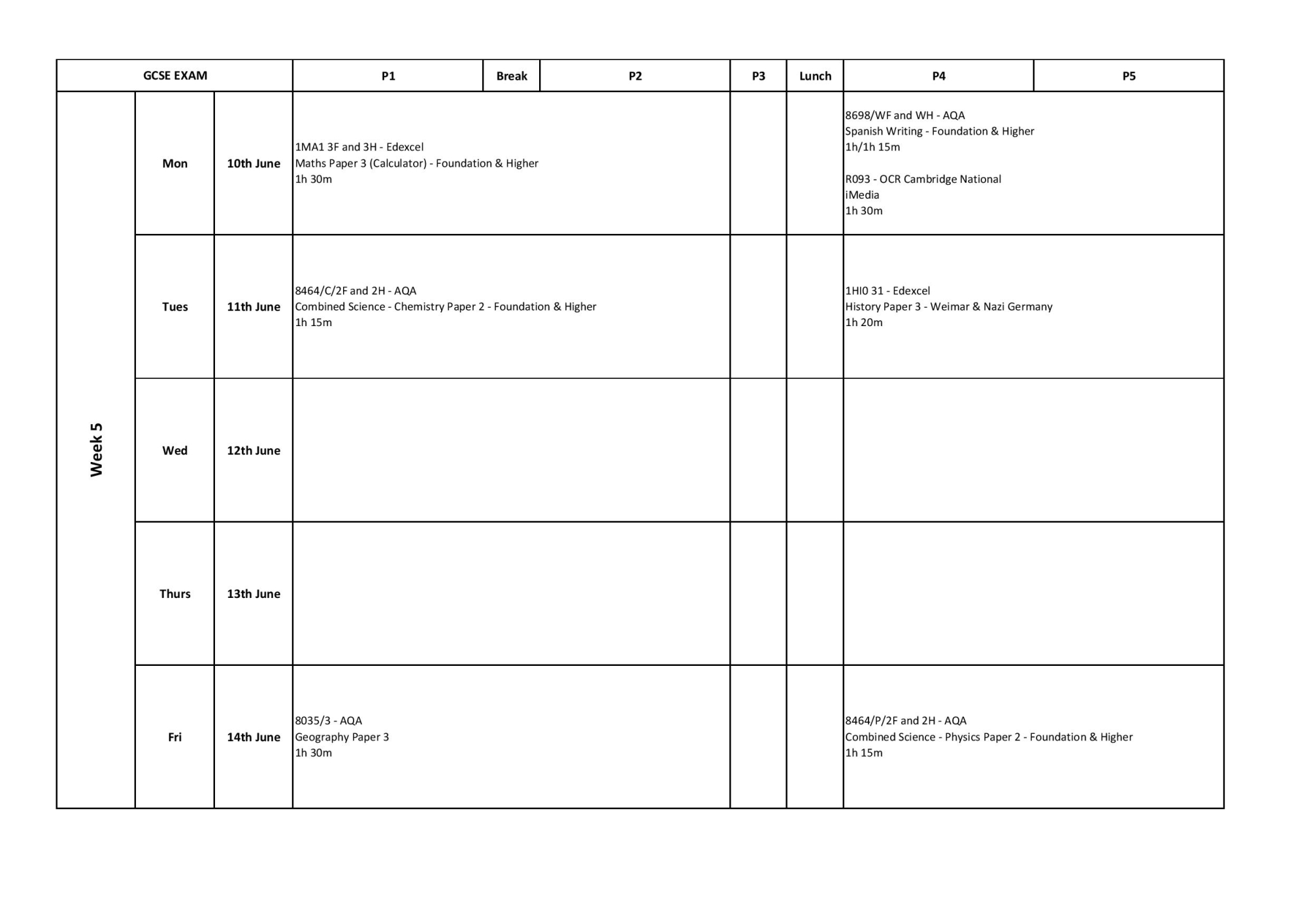 Summer 24 Exams Timetable-Week5
